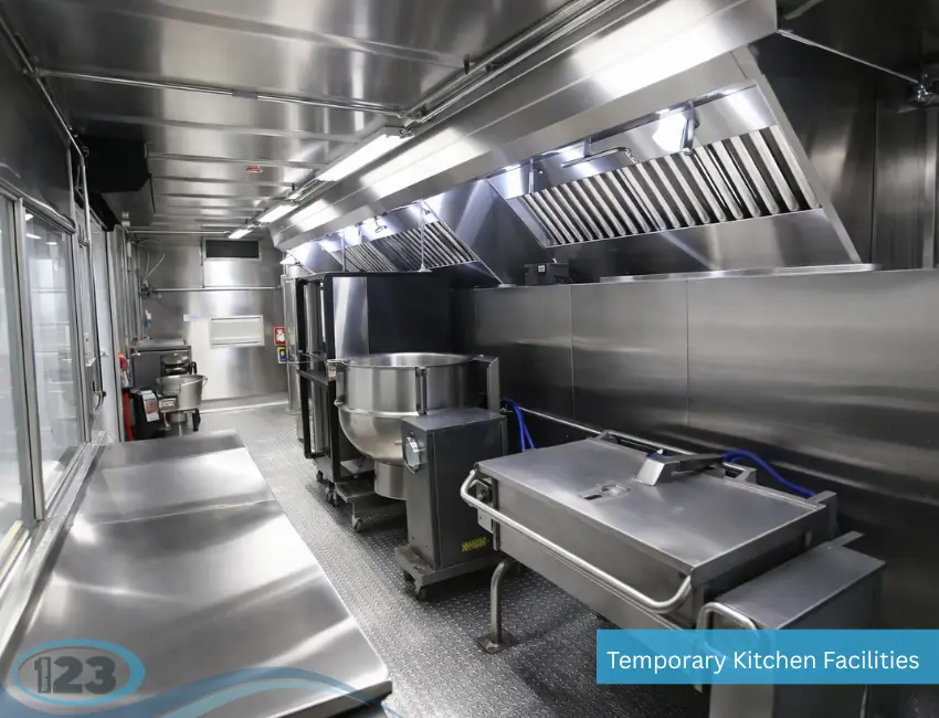 Commercial cooking equipment and preparation space inside a Mobile Kitchen Hire mobile kitchen