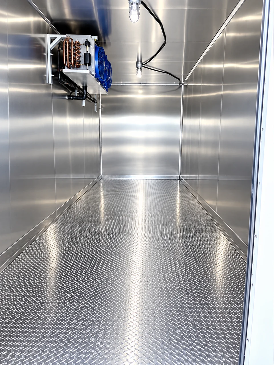 Insulated refrigerated interior with metal walls and a ceiling-mounted cooling unit