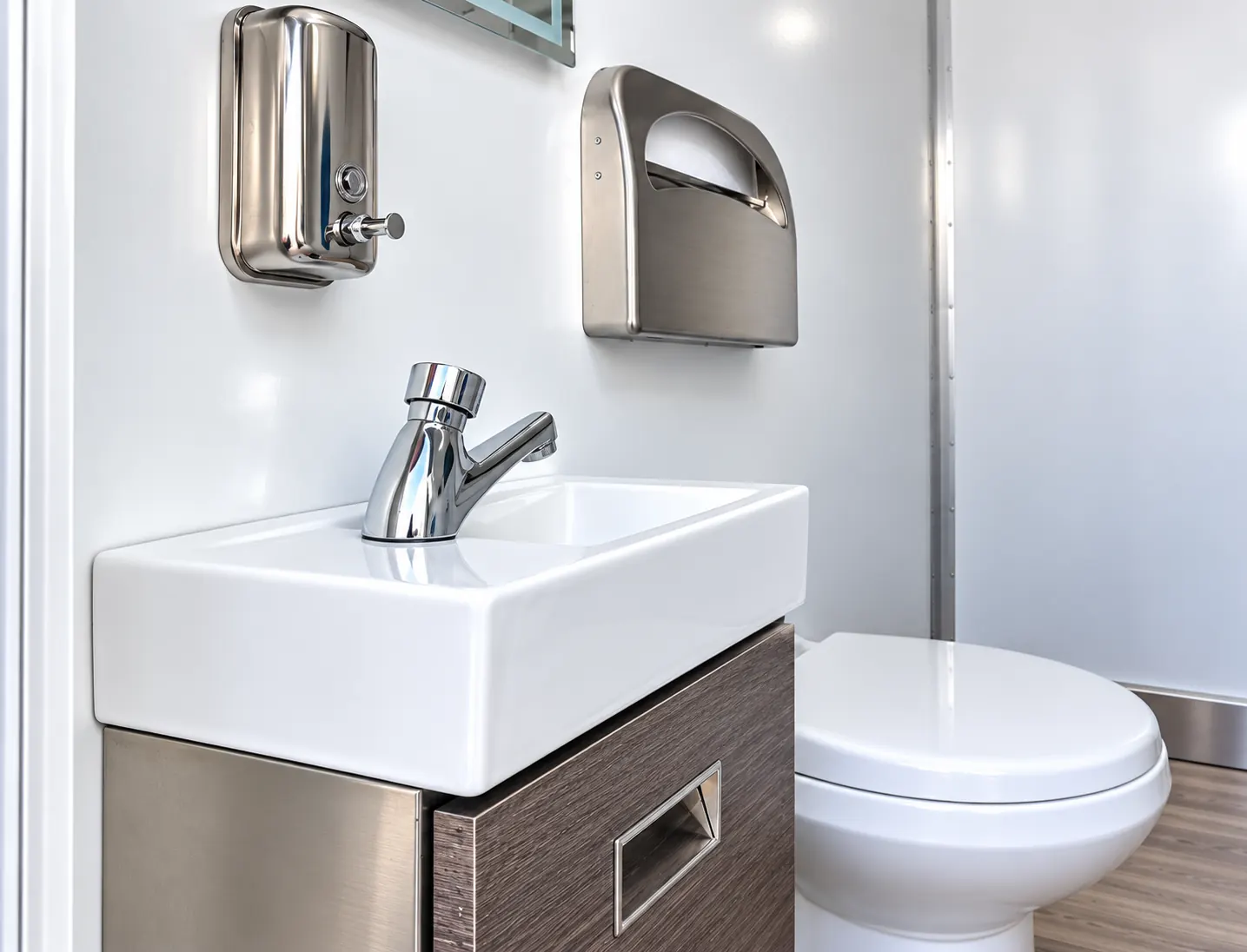 commercial mobile restroom trailer sink interior
